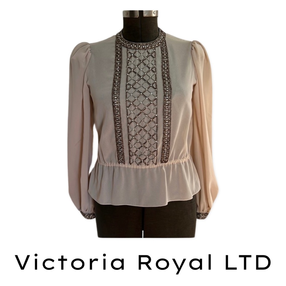 ✨HOST PICK✨ VINTAGE SHEER CREPE BLOUSE WITH BEEDED BODICE, CUFFS & COLLAR. SZ 10